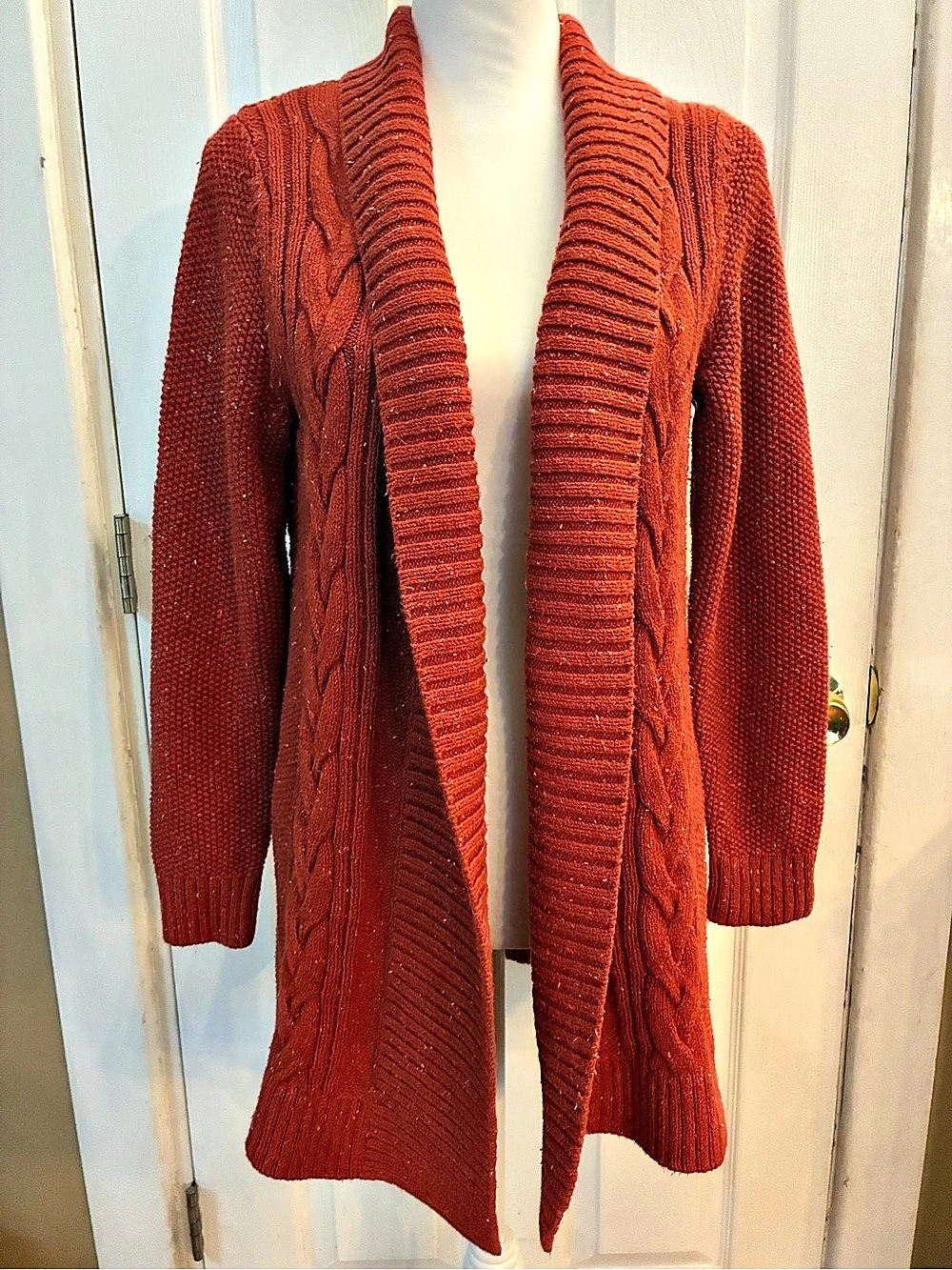 LL Bean Orange Cable Knit Cardigan Sweater M Open Front Speckled Shawl Collar